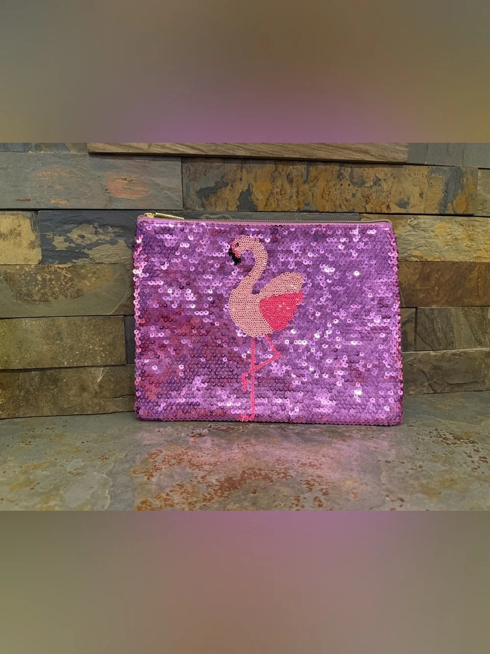 Pink Sequin Flamingo Zip Pouch Tarte Make Up Holder